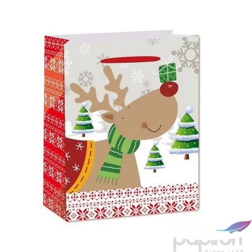 Ajándéktasak karácsonyi 21' norvég mintával, szarvassal glitteres 26x32x12cm többszínű