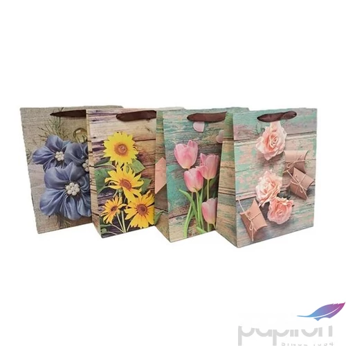 Ajándéktasak papír virágok deszkamintás háttérrel 32x26x10cm 4féle minta