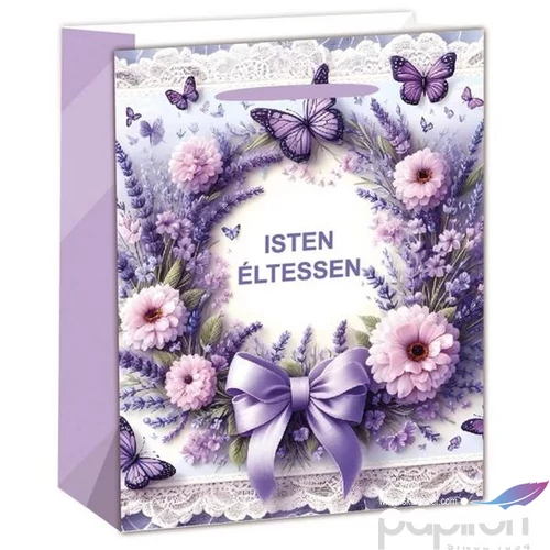 Ajandéktasak szalagfüles Levendula Koszorú, Lila, Isten Éltessen 23x32x16cm 370498
