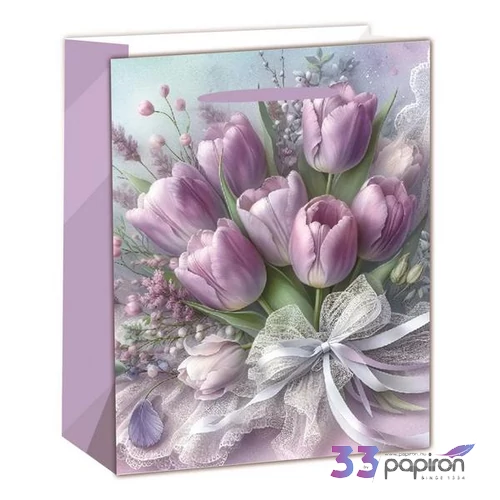 Ajandéktasak szalagfüles Tulipáncsokor 26x32x12cm 370507