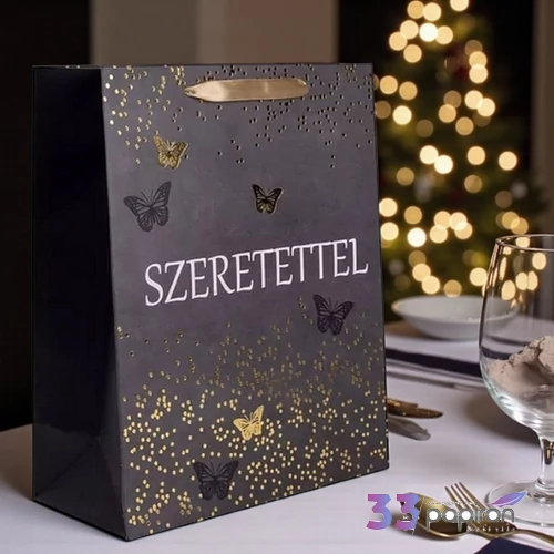Ajándéktasak Szeretettel fekete arany pillangós L 26x32cm