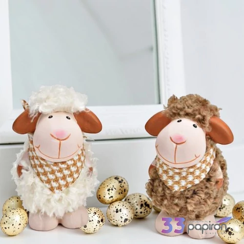 Bárány barna kerámia 12cm szőrmés figura (2-féle) 1db/ár SDGW26  tavasz húsvét