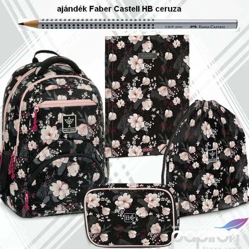 Iskolatáska szett Ars Una 24 iskolatáska, tolltartó, tornazsák, gumis Flowery Black