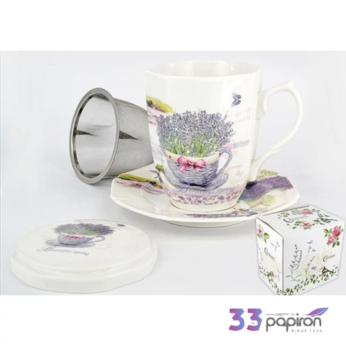 Bögre 300ml porcelán tetővel aljjal fémszűrővel, levendula