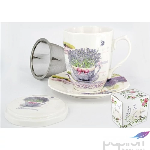 Bögre 300ml Porcelán tetővel, aljjal fémszűrővel, levendulás