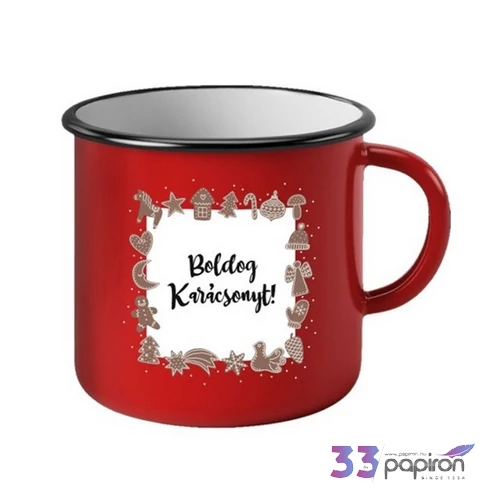 Bögre bádog karácsony mézeskalácsos Boldog Karácsonyt felirattal 11x11x10cm piros