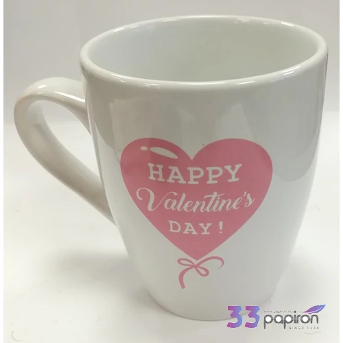 Bögre kerámia Valentin Love - Happy Valentin Day felirattal fehér alapon pink szív, benne a felirat