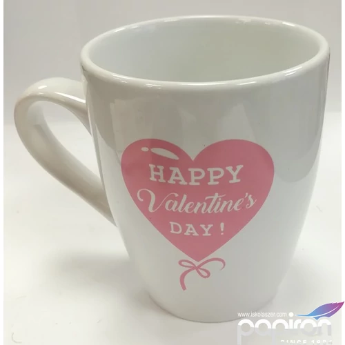Bögre kerámia Valentin Love - Happy Valentin Day felirattal fehér alapon pink szív, benne a felirat