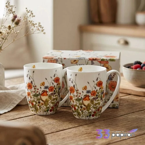 Bögre porcelán 360ml WILD BIRD 2 db/szett-virágos Díszdobozban