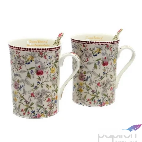 Bögre porcelán 250ml 2 személyes készlet, kanállal, virágos 10,5x10,5cm