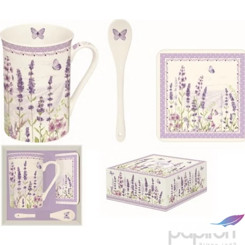 Bögre Porcelán 250ml kanállal, parafa poháralátéttel dobozban Lavender Field