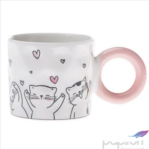 Bögre porcelán 300 ml fekete rajzos cicákkal, rózsaszín szívekkel