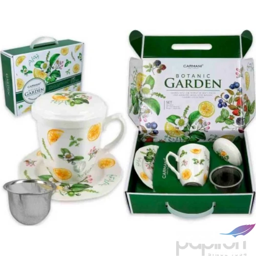 Bögre porcelán 300ml Porcelánbögre+alj tetővel, fémszűrővel díszdobozban, citromos