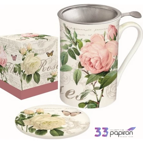 Bögreszett porcelán 300ml szett, tetővel fémszűrővel,Jardin Botan