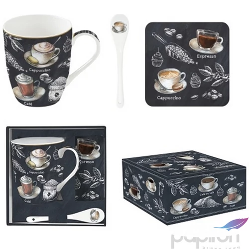 Bögre Porcelán 3,5dl kanállal, parafa poháralátéttel dobozban Barista