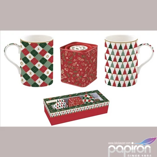 Bögre Porcelán 3,5dl 7,5x7,5x9cm, ajándékszett Fancy Ch 2db+fémdoboz