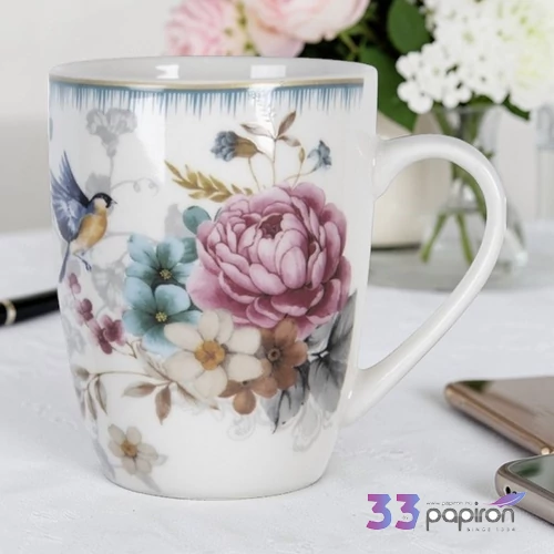Bögre porcelán 360ml rózsás-madaras