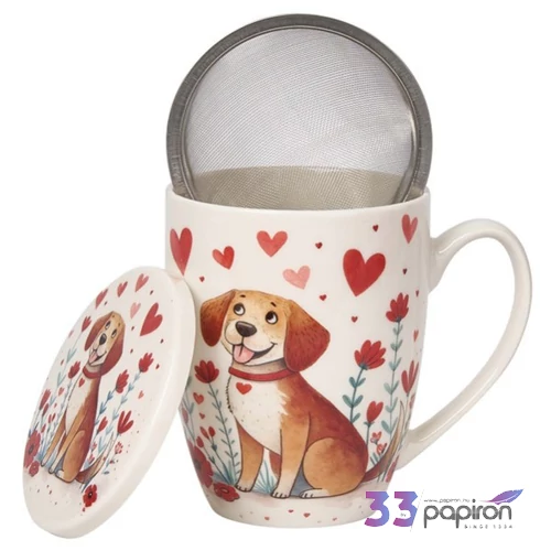 Bögre porcelán 360ml tetővel fémszűrővel Dog dobozban