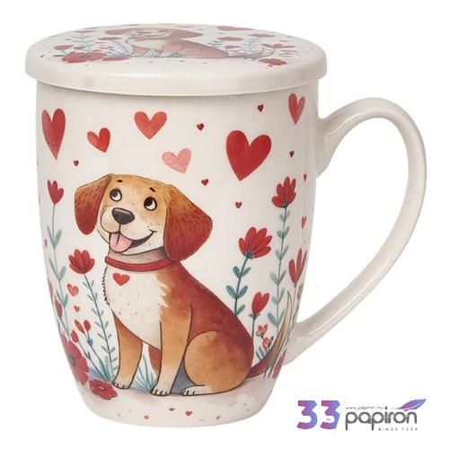 Bögre porcelán 360ml tetővel fémszűrővel Dog dobozban