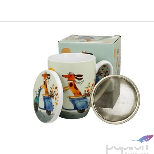 Bögre Porcelán 3,6dl tetővel fémszűrővel, Dog on a scoo dobozban