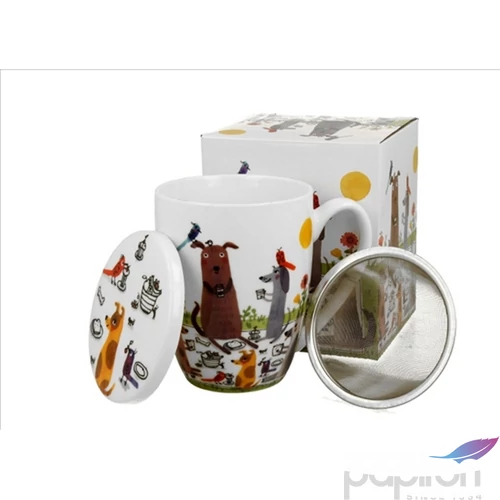 Bögre Porcelán 3,6dl tetővel fémszűrővel, Dog picnic dobozban