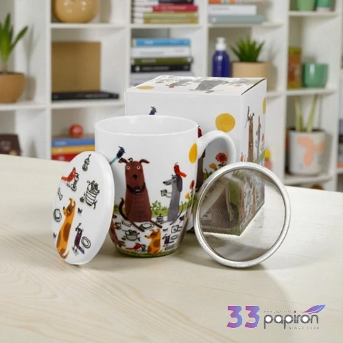 Bögre porcelán 3,6dl tetővel fémszűrővel, Dog picnic dobozban