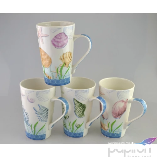 Bögre Porcelán 415ml V forma 4féle Tengeri kagylós mintával 8,5x13,5cm kávés bögre