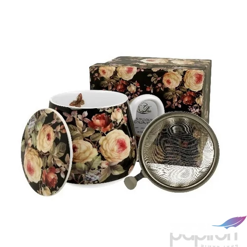 Bögre porcelán 430ml fekete rózsás, szűrővel