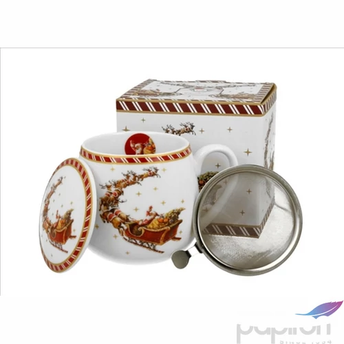 Bögre Porcelán 4,3dl tetővel fémszűrővel,Santa on Sleig dobozban