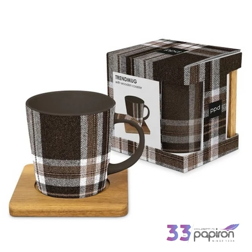 Bögre porcelán 4dl dobozban, akácfa alátéttel Check brown