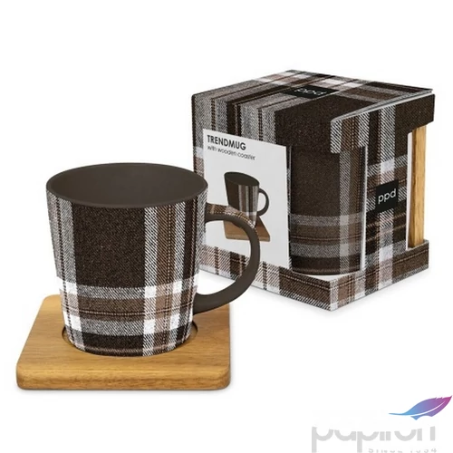 Bögre Porcelán 0,4l dobozban, akácfa alátéttel Check brown