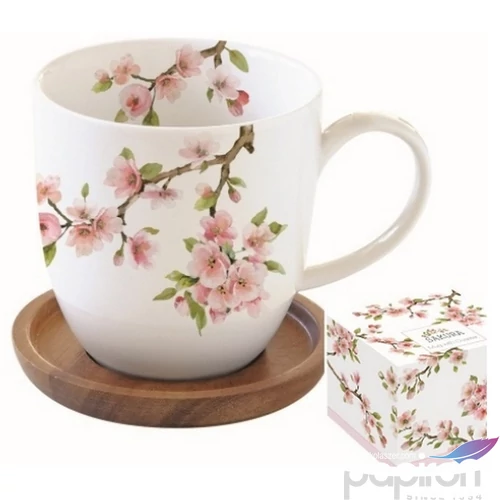 Bögre Porcelán akácfa alátéttel,350ml dobozban,Sakura