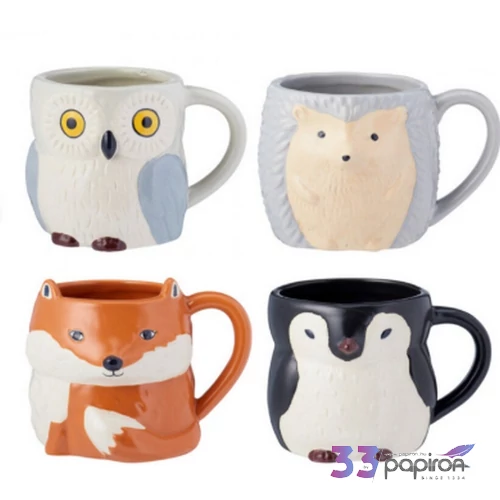 Bögre porcelán állatmintás süni, róka pingvin és bagoly kpm25