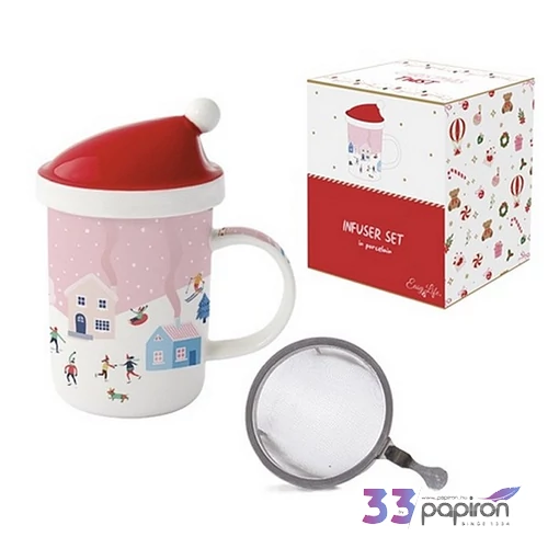 Bögre porcelán karácsony 3,7dl tetővel fémszűrővel,Christmas Twis