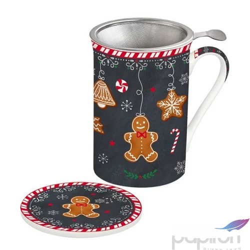 Bögre Porcelán karácsonyi 3dl tetővel fémszűrővel, Gingerbread dobozban