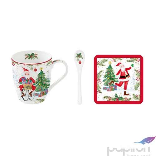 Bögre Porcelán karácsonyi 3,5dl kanállal, parafa poháralátéttel dobozban Joyful Santa