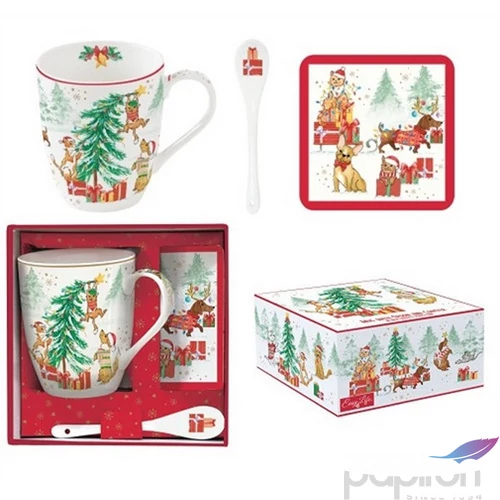 Bögre Porcelán karácsonyi 3,5dl kanállal, parafa poháralátéttel dobozban Christmas Gang