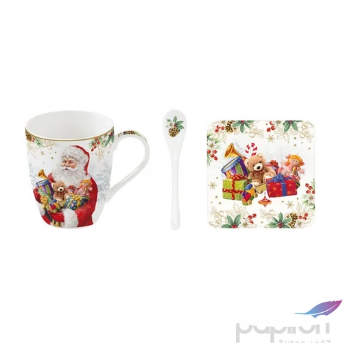 Bögre Porcelán karácsonyi 3,5dl kanállal, parafa poháralátéttel dobozban Sant Is Coming
