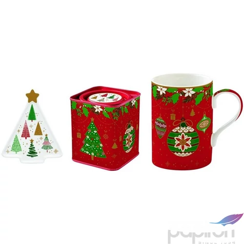 Bögre Porcelán karácsonyi 3,5dl +teafiltertartó 8,5x10,5cm+fémdobo dobozban