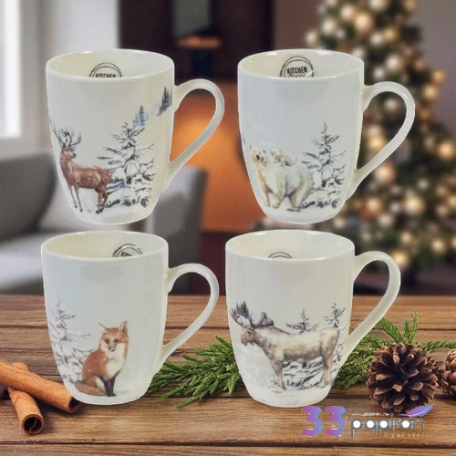Bögre porcelán karácsony fehér állat mintás8,2x5,5,10,5cm SDKAE25 4féle