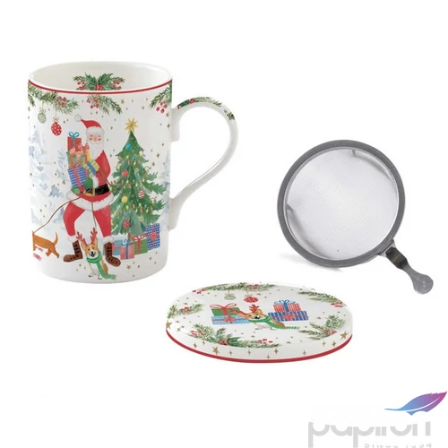 Bögre Porcelán karácsonyi 3,5dl szűrős tetővel Joyful Santa dobozban