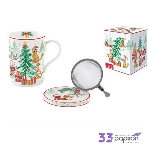 Bögre porcelán karácsony 3,5dl szűrős tetővel Christmas Gang dobozban