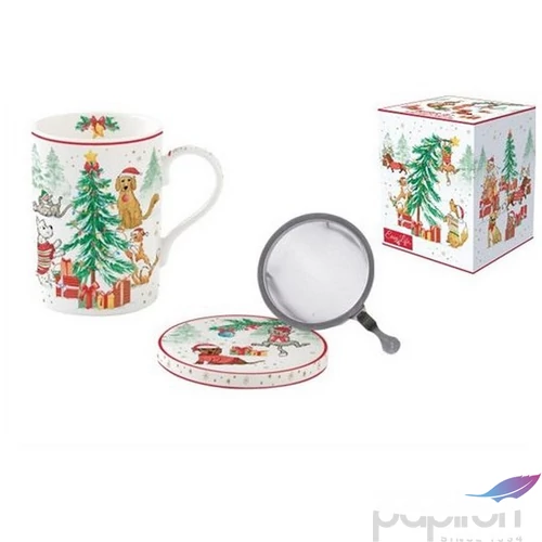 Bögre Porcelán karácsonyi 3,5dl szűrős tetővel Christmas Gang dobozban