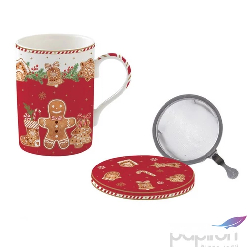 Bögre Porcelán karácsonyi 3,5dl szűrős tetővel Fancy Gingerbread dobozban