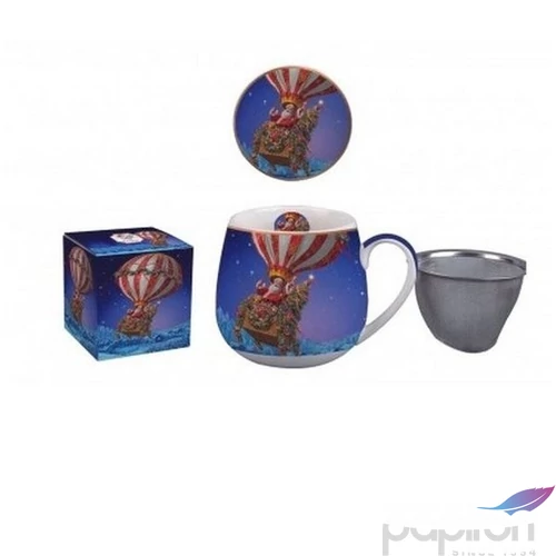 Bögre Porcelán karácsonyi 4,3dl tetővel fémszűrővel, Santa Balloon dobozban