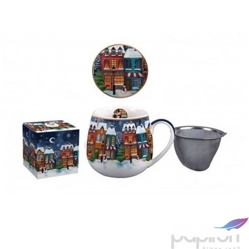 Bögre Porcelán karácsonyi 4,3dl tetővel fémszűrővel, Christmas Cit dobozban