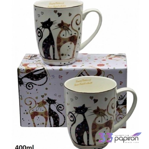 Bögreszett porcelán 4dl porcelán 2db-os fekete-barna virágos cicás