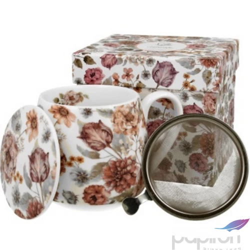 Bögre Porcelán 4,3dl tetővel fémszűrővel, Pastel Flower dobozban