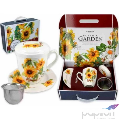 Bögre porcelán+alj 300ml tetővel, fémszűrővel, díszdobozban napraforgós
