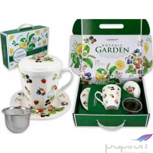 Bögre porcelán+alj 300ml tetővel, fémszűrővel, díszdobozban erdei gyümölcsös